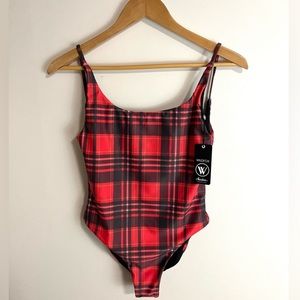 Wildfox Swim Tartan Plaid One Piece Swimsuit Red Medium NWT